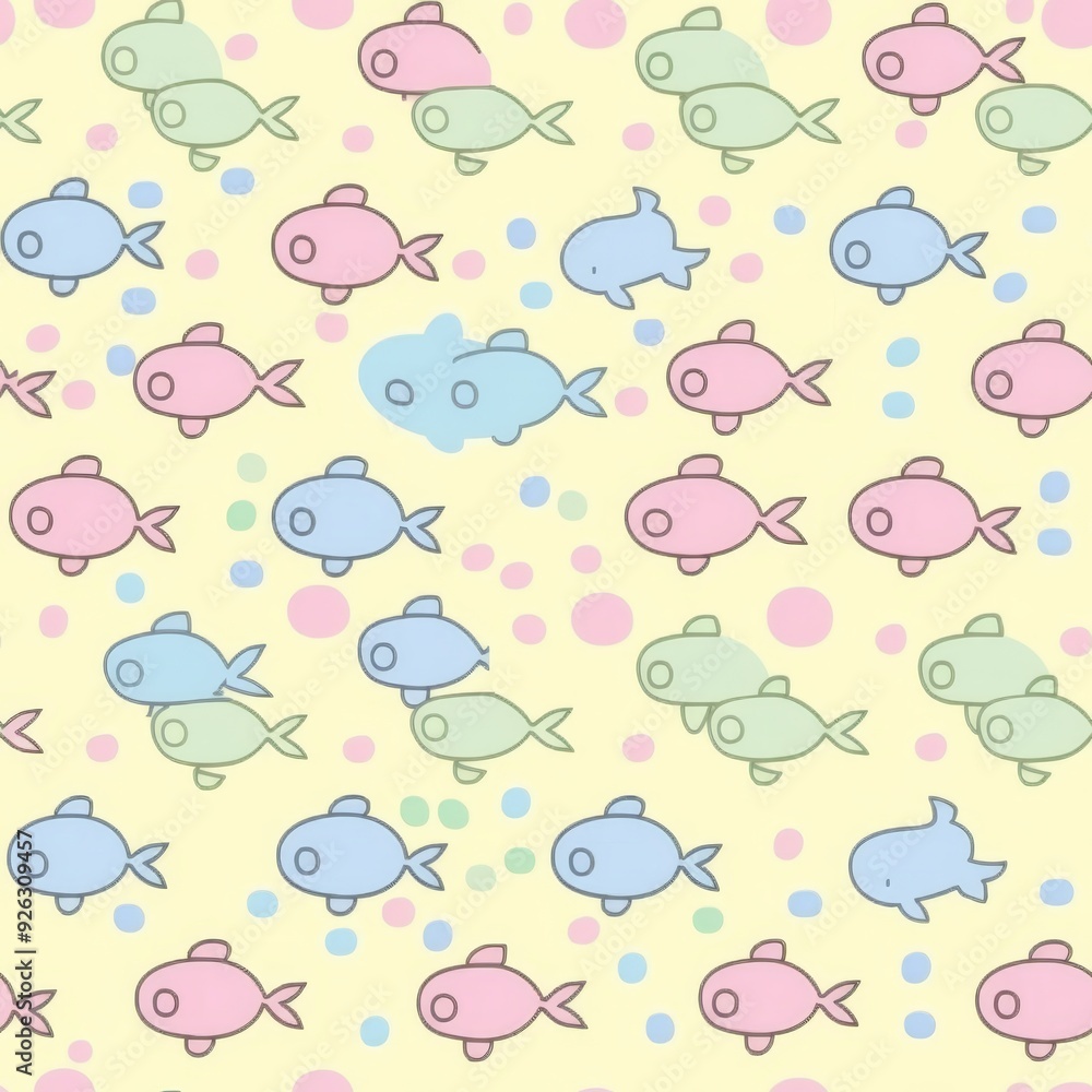 Seamless Pattern with Cute Colorful Fish on a Pastel Yellow Background. Vector Illustration. Seamless Pattern with Cute Colorful Fish on a Pastel Yellow Background. Vector Illustration.