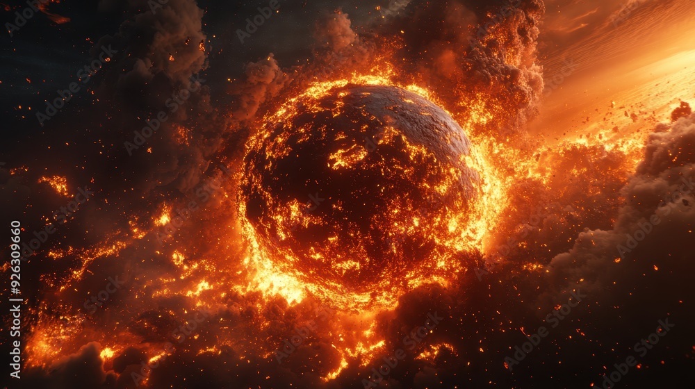 Dramatic 3D visualization of Earth's end, with firestorms and lava engulfing continents in the last seconds Dramatic 3D visualization of Earth's end, with firestorms and lava engulfing continents in the last seconds