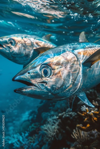 Two Yellowfin Tuna Gracefully Swim Through Sun-Kissed Waters, Their Scales Shimmering photo