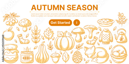 Autumn season icons composition. Infographics elements with cozy fall elements from cute fox, mushrooms, pumpkin, acorn, harvest. Modern line vector design for web, banner, poster, landing page