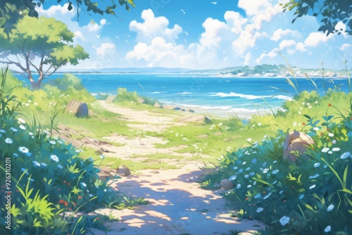 Enchanting Anime-Style Nature Background Illustration: Abstract Art for Game Concept, Storybook, and Comic Book Fans, Ideal for 4K Wallpapers and Digital Art Enthusiasts.