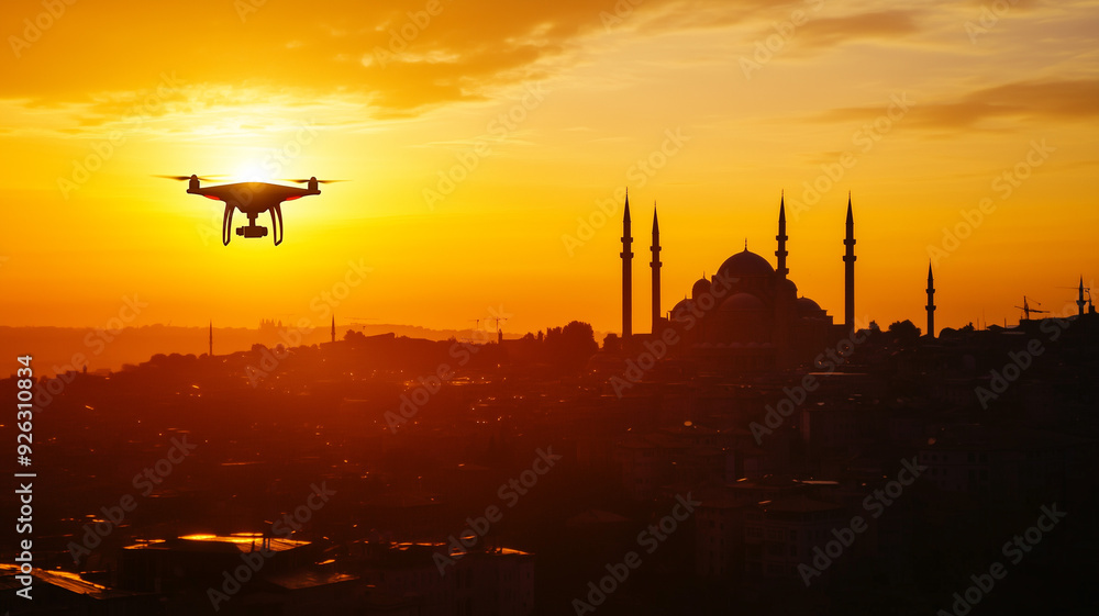 A cityscape bathed in golden light at sunset with drones hovering overhead, while the silhouette of a mosque and its minarets dominate the skyline. Ai generated A cityscape bathed in golden light at sunset with drones hovering overhead, while the silhouette of a mosque and its minarets dominate the skyline. Ai generated