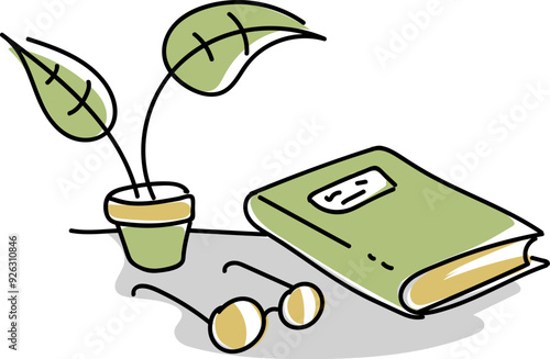 Plant in a pot, book an glasses