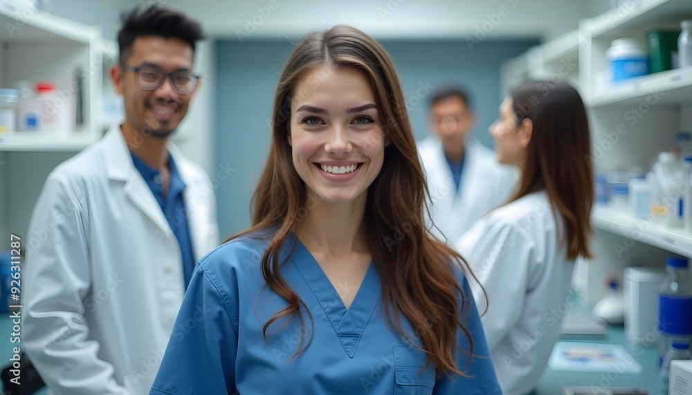 A young Caucasian woman with long brown hair wearing a blue medical scrub top, smiling in a hospital setting with other medical staff in the background A young Caucasian woman with long brown hair wearing a blue medical scrub top, smiling in a hospital setting with other medical staff in the background