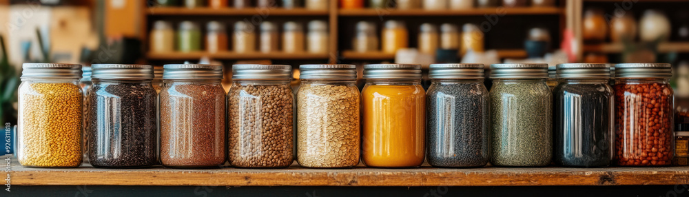 bulk food designs, A cozy farmers market stall showcasing bulk food jars filled with organic cereals, beans, and spices. A vendor interacts with customers, emphasizing fresh and bulk food designs, A cozy farmers market stall showcasing bulk food jars filled with organic cereals, beans, and spices. A vendor interacts with customers, emphasizing fresh and