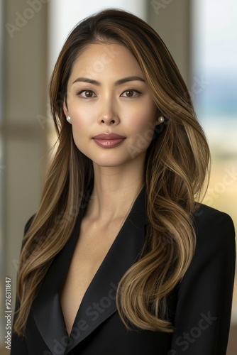 Portrait of a Confident Asian Woman with Long, Brown Hair, Wearing a Black Blazer Indoor