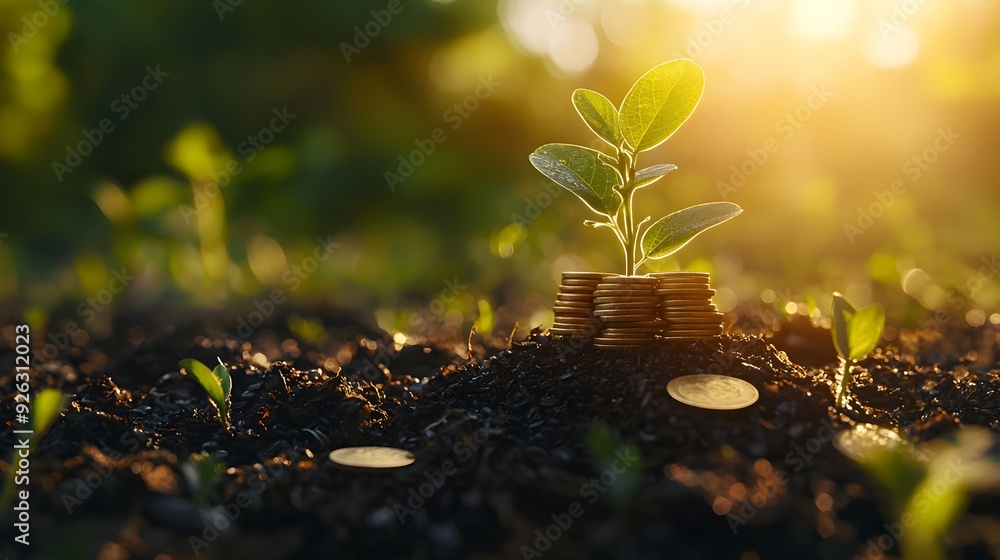 Plant growing out of a stack of coins in soil. Plant growing out of a stack of coins in soil.