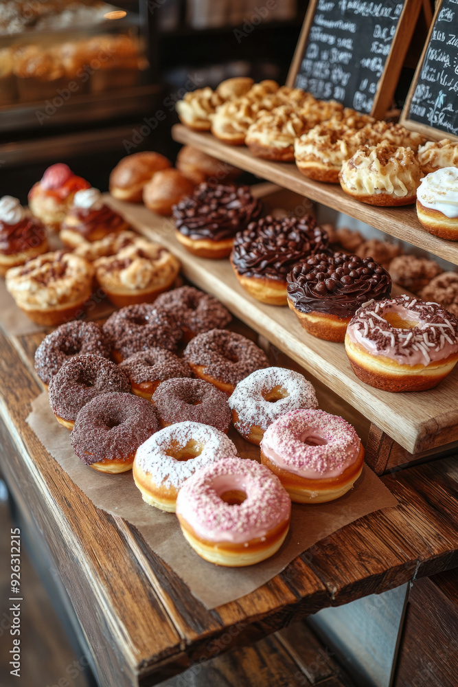 bakery item display, A delightful bakery item display featuring an eye-catching assortment of donuts and muffins. The cozy environment of a quaint bakery is filled with customer bakery item display, A delightful bakery item display featuring an eye-catching assortment of donuts and muffins. The cozy environment of a quaint bakery is filled with customer