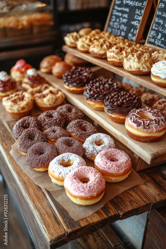 Wallpaper Mural bakery item display,  A delightful bakery item display featuring an eye-catching assortment of donuts and muffins. The cozy environment of a quaint bakery is filled with customer Torontodigital.ca