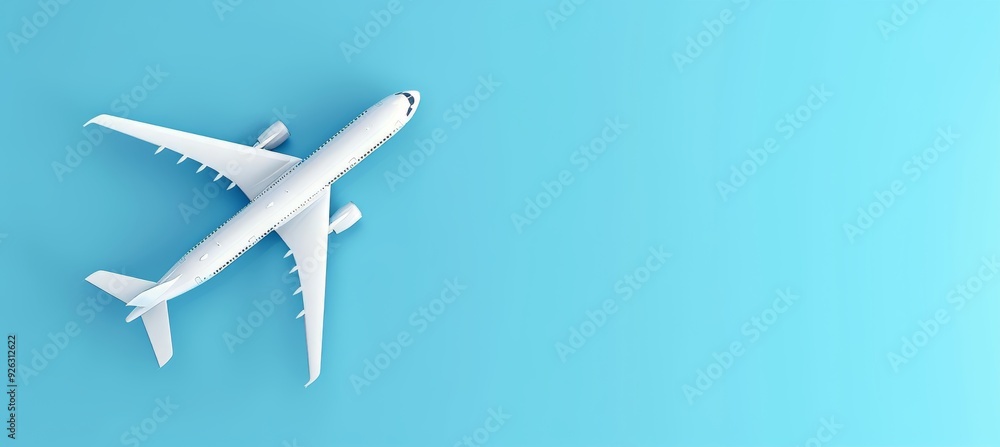 Top View of a White Airplane Toy Isolated on a Sky Blue Background, Symbolizing Travel and Adventure Top View of a White Airplane Toy Isolated on a Sky Blue Background, Symbolizing Travel and Adventure