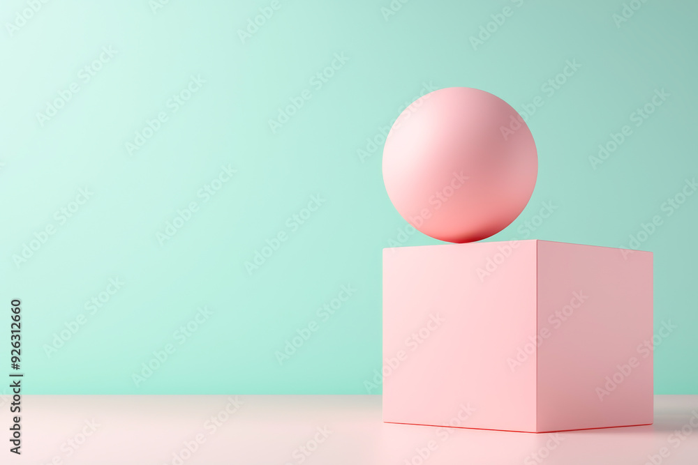 A minimalist composition featuring a pink sphere resting atop a pink cube against a soft mint background, ideal for modern decor. A minimalist composition featuring a pink sphere resting atop a pink cube against a soft mint background, ideal for modern decor.