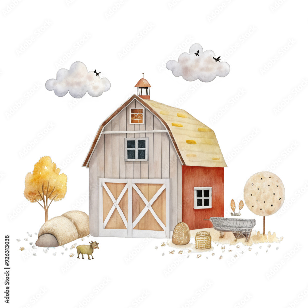 Farm barn watercolor illustration for kids clothes and prints isolated clipart