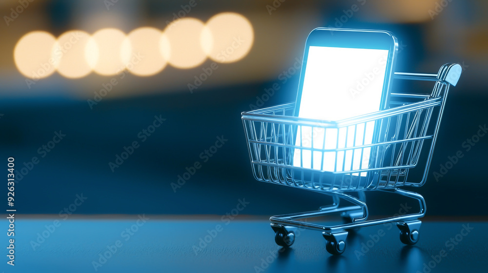 A smartphone placed in a miniature shopping cart, symbolizing online shopping and digital commerce trends. A smartphone placed in a miniature shopping cart, symbolizing online shopping and digital commerce trends.