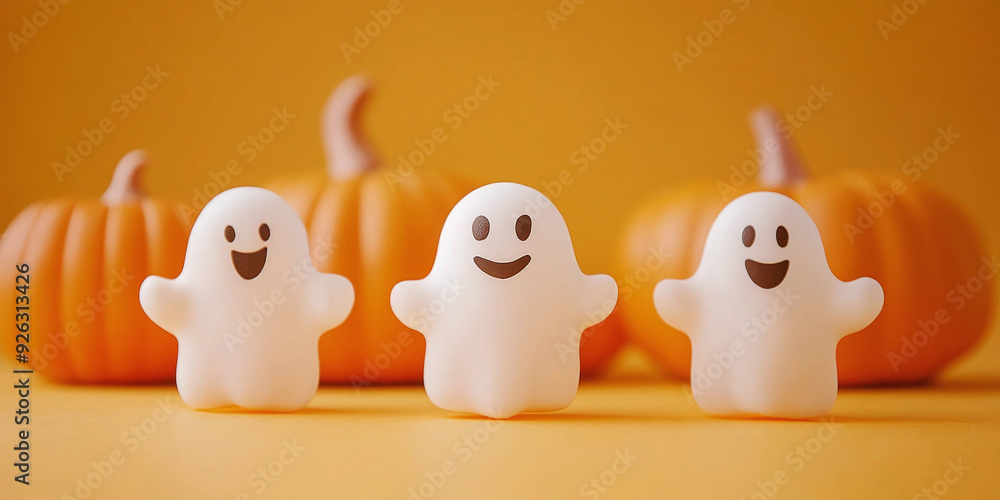 Halloween ghosts with funny pumpkin on orange background Halloween ghosts with funny pumpkin on orange background