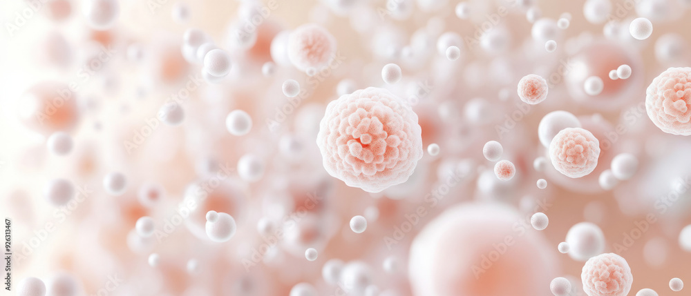 Nano technology skincare,  Nanoparticles actively mending damaged cells in a soft beige environment, highlighting the absorption of a moisturizer into the skin. Close-up focus