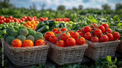 Fresh Harvest of Tomatoes, Broccoli, and Cucumbers - A vibrant display of freshly harvested tomatoes, broccoli, and cucumbers in wicker baskets, set in a lush garden setting.