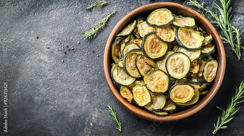 Crispy Dried Zucchini Chips on Vegan Food Background, Top View