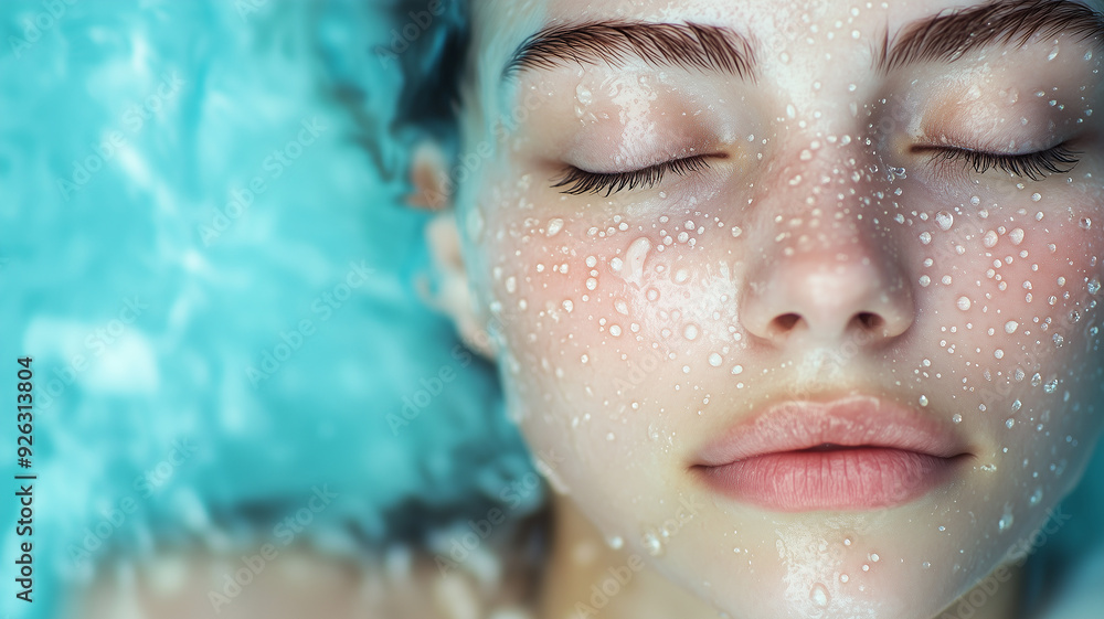 A peaceful woman with her eyes closed, water droplets splashing on her face, contrasted against a refreshing blue background. Ai generated A peaceful woman with her eyes closed, water droplets splashing on her face, contrasted against a refreshing blue background. Ai generated
