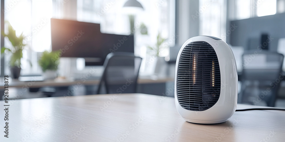Electric Heater On Wooden Table In Modern Office Electric Heater On Wooden Table In Modern Office