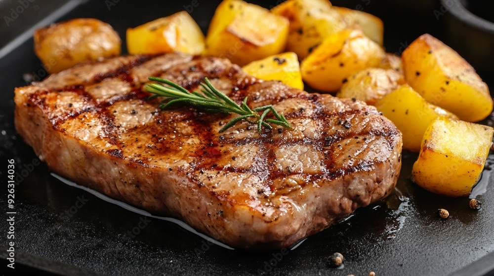 Succulent Duck Steak Served with Crispy Potatoes on Elegant Dark Background, Selective Focus Concept Succulent Duck Steak Served with Crispy Potatoes on Elegant Dark Background, Selective Focus Concept