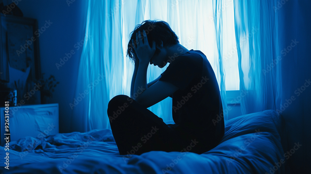 A person lying on their back on a bed, hands covering their face, expressing emotional pain, the room enveloped in soft, comforting blue light. Ai generated A person lying on their back on a bed, hands covering their face, expressing emotional pain, the room enveloped in soft, comforting blue light. Ai generated