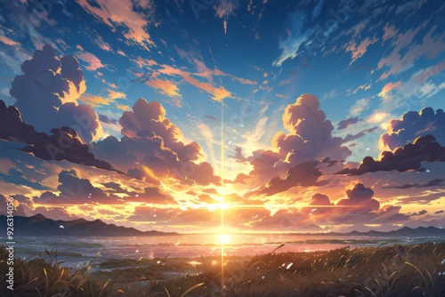 Enchanting Anime-Style Radiant Sunshine Anime Landscape: A Vivid Display of Atmospheric Grandeur in a Captivating Anime Style for 4K Art Enthusiasts
