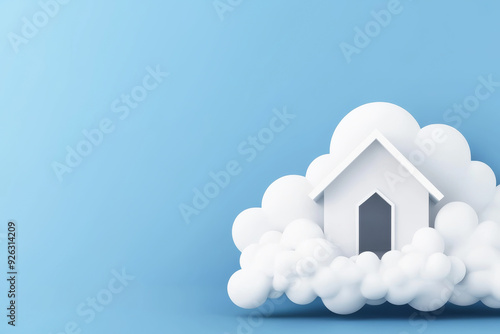 Wallpaper Mural A whimsical illustration of a small house nestled among fluffy clouds against a serene blue background, evoking dreams and comfort. Torontodigital.ca