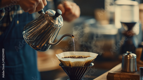 A shot of a coffee enthusiast pouring water from a gooseneck kettle over a coffee filter with a precise pouring technique, capturing the details of the brewing process. Ai generated