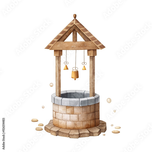 Old well watercolor illustration for kids clothes and prints isolated clipart photo