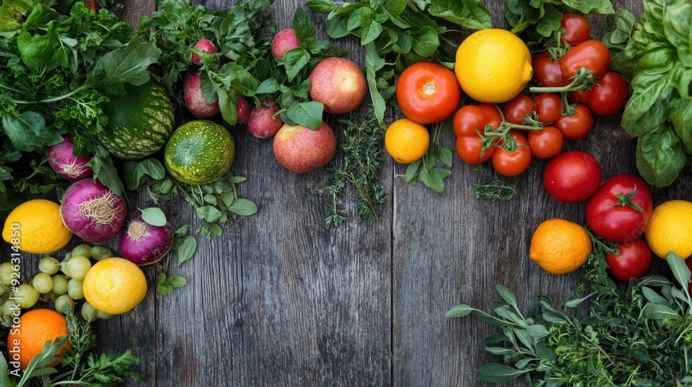 Fresh Produce Display on Rustic Wooden Surface Fresh Produce Display on Rustic Wooden Surface