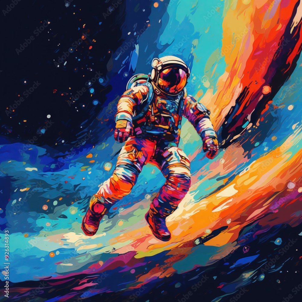 Fototapeta premium Astronaut in Vibrant Space with Colorful Cosmic Background