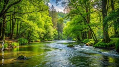 Serene river flowing through lush green forest , nature, landscape, tranquil, peaceful, stream, water, trees