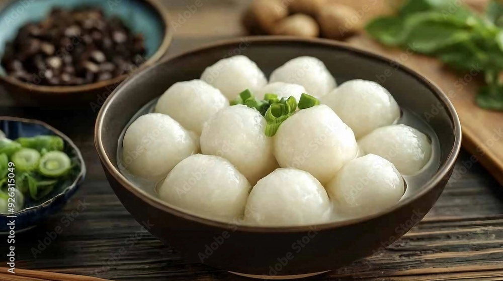 Delicious Tangyuan - Red and White Glutinous Rice Dumplings in Savory Soup Bowl on White Background Delicious Tangyuan - Red and White Glutinous Rice Dumplings in Savory Soup Bowl on White Background