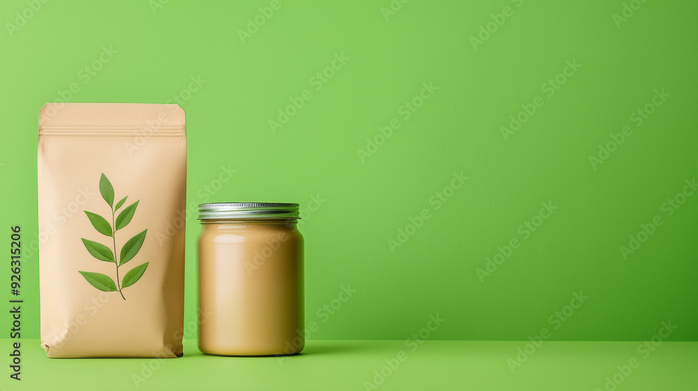 Stylish packaging featuring a brown paper bag and a glass jar against a vibrant green background. Stylish packaging featuring a brown paper bag and a glass jar against a vibrant green background.