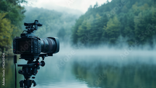 A video camera positioned on a tripod facing a scenic lake at golden hour, with the camera capturing the warm colors of the sunset over the water. Ai generated