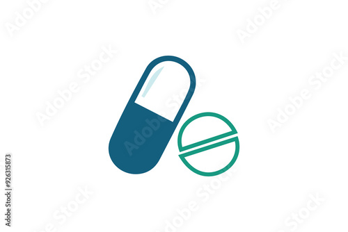 A vector illustration of two medicine tablets: a blue capsule and a green round pill, isolated on a white background. Ideal for pharmaceutical and healthcare designs.