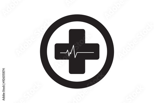 This vector illustration features a black medical cross with a white ECG heartbeat line inside a circular border, symbolizing healthcare, medical care, and emergency services.