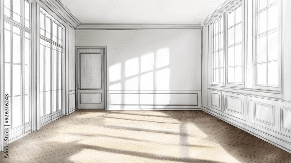 A sketch of a modernclassic empty room without furniture featuring a blank wall between a classical door and window without curtains with a parquet floor Front view A sketch of a modernclassic empty room without furniture featuring a blank wall between a classical door and window without curtains with a parquet floor Front view