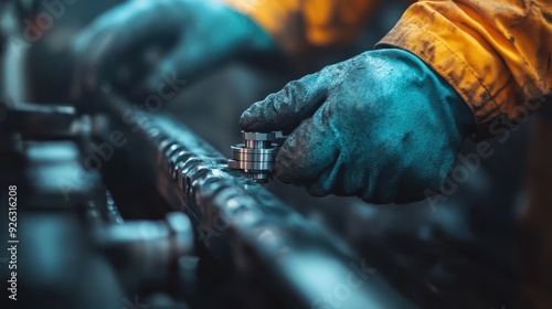 Close-up image of an engineer working on industrial machinery showing gloved hands making adjustments on a mechanical part. Perfect for depicting technical skills and precision.