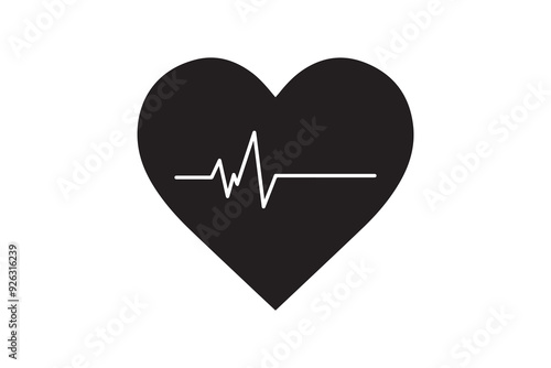 This vector illustration depicts a black heart with a white ECG heartbeat line running through it, symbolizing heart health, cardiology, and medical care concepts.