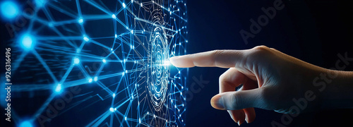 Hand interacting with a glowing touch screen, symbolizing interaction and connection between humans and artificial intelligence in a futuristic technology concept. 