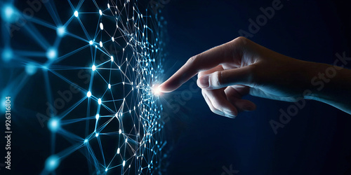 Fingertip touching a digital hologram of glowing connections on a dark blue background, a concept for technology and business innovation. 