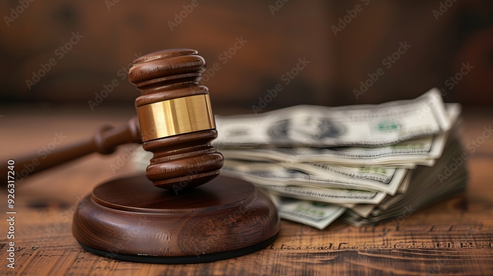 A high-definition close-up flat lay of a wooden gavel beside a stack of dollar bills on a brown table, featuring a blurred dark brown background. Provide ample space for text in the composition. A high-definition close-up flat lay of a wooden gavel beside a stack of dollar bills on a brown table, featuring a blurred dark brown background. Provide ample space for text in the composition.