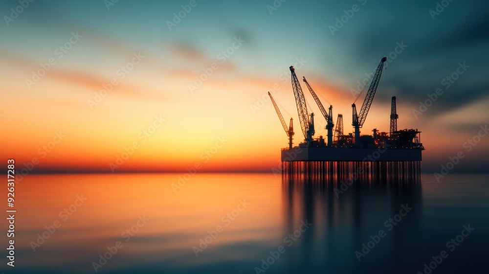 An offshore oil rig silhouetted against a vibrant sunset, featuring cranes and ocean water, highlighting industrial prowess and natural tranquility in one frame. An offshore oil rig silhouetted against a vibrant sunset, featuring cranes and ocean water, highlighting industrial prowess and natural tranquility in one frame.