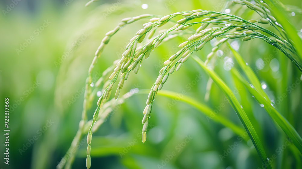Close-up of fresh rice branches with vibrant green leaves swaying in the gentle breeze. Ai generated Close-up of fresh rice branches with vibrant green leaves swaying in the gentle breeze. Ai generated