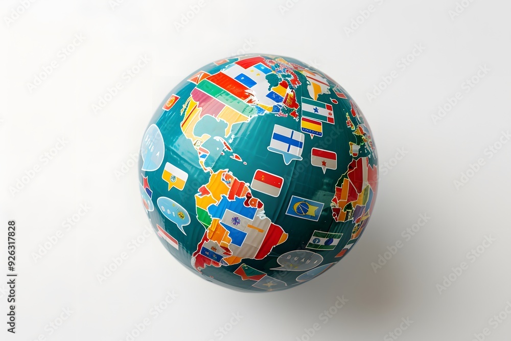 A high-definition flat lay of a gigantic globe with multiple country flags and speech bubbles containing country and language symbols. A high-definition flat lay of a gigantic globe with multiple country flags and speech bubbles containing country and language symbols.