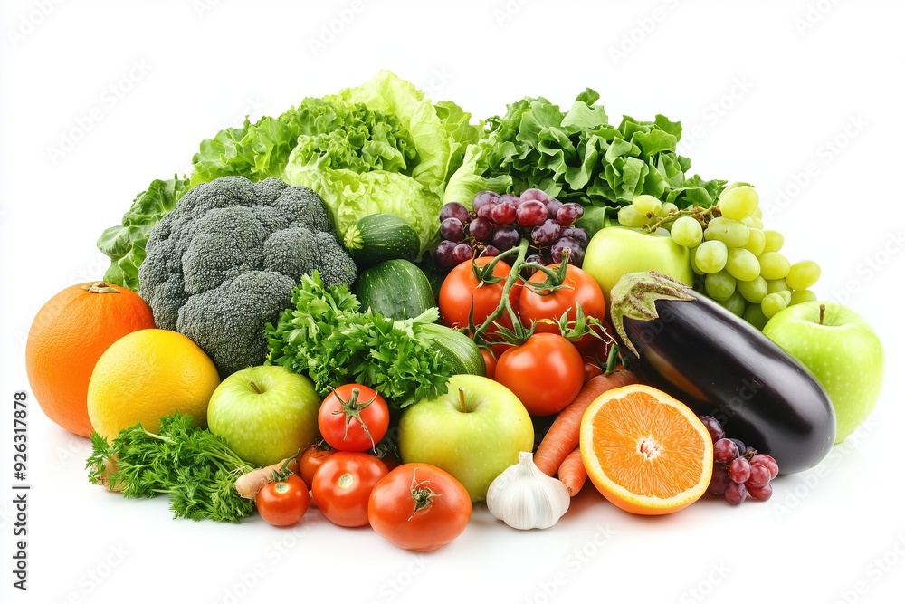 A large pile of fresh organic vegetables and fruits on a white background A large pile of fresh organic vegetables and fruits on a white background