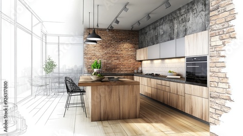 From idea to realization Stylish kitchen interior A collage combining photo and sketch elements