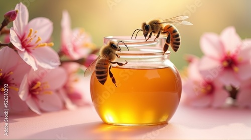 Two bees delicately gather honey from a small jar, set against a backdrop of soft pink blossoms, capturing the essence of nature's sweetness.