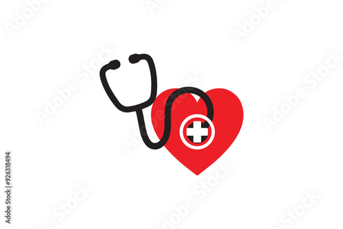 A vector illustration of a red heart with a stethoscope wrapped around it, featuring a white medical cross, symbolizing healthcare, cardiology, and medical care.